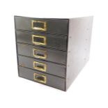A green painted five drawer metal filing cabinet, 26cm high, 22.5cm wide, 36cm deep.