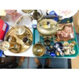 A Victorian brass kettle on stand, copper mousse mould, plated commemorative spoons, condiment