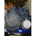 Five floral engraved Tudor cut glass wine glasses, further table glassware, sundae dishes, fruit