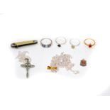Silver and costume jewellery, including neck chains, a cross pendant, four dress rings, silver and