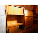 A teak laminate bureau, 114cm high, 81cm wide, 42cm deep., together with a teak laminate bookcase