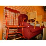 A stained beech rocking chair, together with a wicker chair. (2)