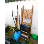 A wooden step ladder, steps, two bags of compost, garden tools, etc. (quantity)