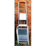 Two step ladders, together with a small selection of garden tools. (quantity)