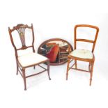 A Victorian rosewood and ivory inlaid bedroom chair, beech framed bedroom chair, and an oak oval