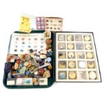 Minerals and gemstones, agates, quartz, etc., together with a white metal box. (1 tray plus)