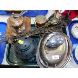 A silver plated entree dish and cover, coffee grinder, lantern, etc. (1 tray)
