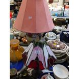 A Tiffany style table lamp, with a floral hexagonal glass, 42cm high, together with a Satsuma