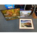 An oil painting of a landscape, together with two prints. (3)