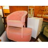 A white painted narrow dressing table, 116cm high, 45cm wide, 45cm deep., together with a pink