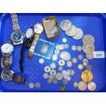 Silver and commemorative coins, together with five gentlemen's wristwatches. (quantity)
