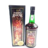 A Presentation bottle of Porto Pocas Port, boxed.