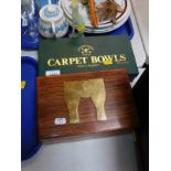 A set of Townsend Croquet Carpet Bowls, together with wooden carpet skittles, both boxed. (2)