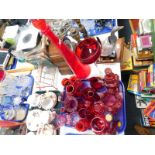 Ruby and cranberry glassware, including vases, jars, jugs, dishes and a bell. (1 tray plus)