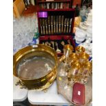 A brass coal bucket, six plated goblets, plated galleried tray, stainless steel canteen of
