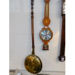 A German oak and inlaid wheel barometer, with thermometer and hygrometer, 86cm high., together