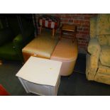 Two mid 20thC ottomans, two foot stools and a linen box. (5)
