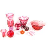 Two cranberry flash glass vases, dish and an epergne basket, together with six paperweights,