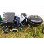 A wheel chair and a mobility walker, together with a Weber charcoal barbecue. (3)