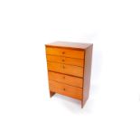 A Meredew teak chest, of five graduated drawers, raised on square ends, 108.5cm high, 70cm wide,