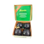 A set of Henselite lawn bowls, four, boxed.