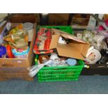 Collectable tins, kitchenalia, ceramics, pairs of scissors, etc. (3 boxes)