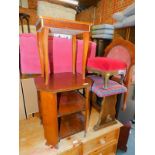 An early 20thC two tier end table, together with two stools and a musical inlaid jewellery table. (