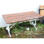 A cast iron Coalbrookdale style garden seat or table, with a wooden slatted top.