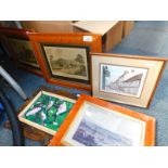 Three maple framed engravings, a painting of birds by Arsana, and a print of Ashbourne. (5)