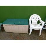 Two plastic garden chairs, together with a plastic garden storage box. (3)