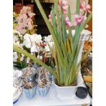 Assorted plastic orchids, in vases and pots, silk flower arrangement, coral, etc. (quantity)