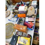 DVDs, leather gloves, costume jewellery, marble eggs, glass ashtray, etc. (3 trays)