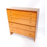 A Meredew teak chest, of five long graduated drawers, raised on square ends, 109cm high, 101.5cm