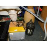 A Mahoona Lighting Ltd urn shaped table lamp with shade, large pottery jug, Cole & Bright lantern