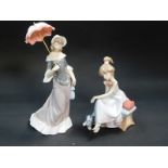 A Lladro porcelain figure of a lady walking with a parasol, and a further figure of a girl seated,