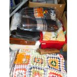 Handbags, table linen, dish clothes, woollen quilt, blanket, etc. (3 boxes plus)