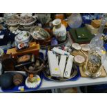 Silver plated wares, including entree dish and cover and an oval galleried tray, dressing table set,