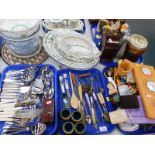 Plated wares, ceramics, flatware, barometer, cameras, and other collectables, etc. (5 trays plus)