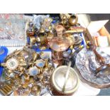 A musical copper and glass lantern form liqueur bottle, brass ornaments, oak biscuit barrel and