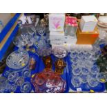 Art Deco glass dressing table items, a pair of moulded glass vases, glass salts, table glass ware,