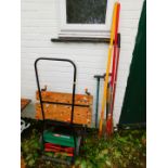 Garden tools, a Workmate, and a Qualcast manual cylinder mower. (7)
