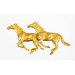 A 9ct gold double horse brooch, styled as two prancing horses, with plain pin back, 5cm wide, 19g