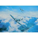 After Robert Taylor. Spitfire, print, hand signed Douglas Bader and Johnnie Johnson, 34cm x 46cm.