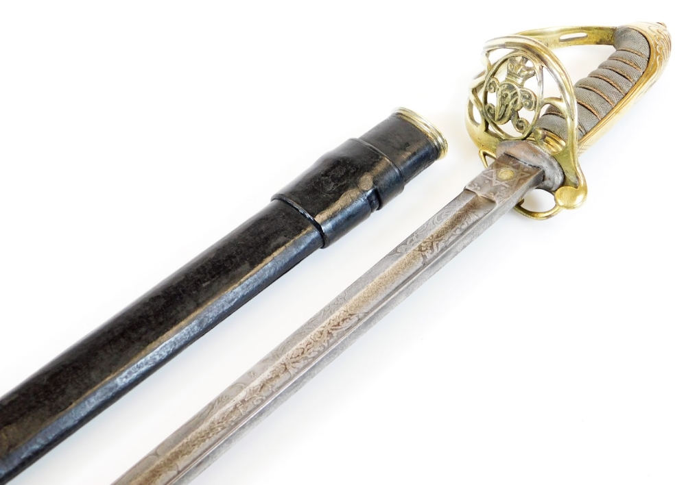 An officer's sword, with steel blade stencilled with flowers and marked Lancashire, with a pierced