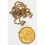 A George V full gold sovereign, 1911, in a pendant mount marked 9ct, attached to a slender link