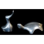 Two Canadian Art chrome plated figures of a turtle, 14cm wide and a duck head, indistinctly signed