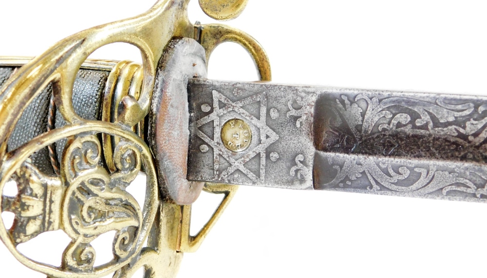 An officer's sword, with steel blade stencilled with flowers and marked Lancashire, with a pierced - Image 6 of 8