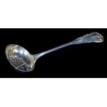 A Victorian silver sifter spoon, with feather crested and fluted handle, and pierced oval bowl,