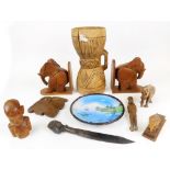 Various African tribal items, carved elephants, wooden knife with head pommel, 32cm wide, etc. (a