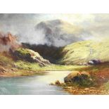 H Bates (19thC School). Highland landscape, stream before mountains with clouds gathering, oil on